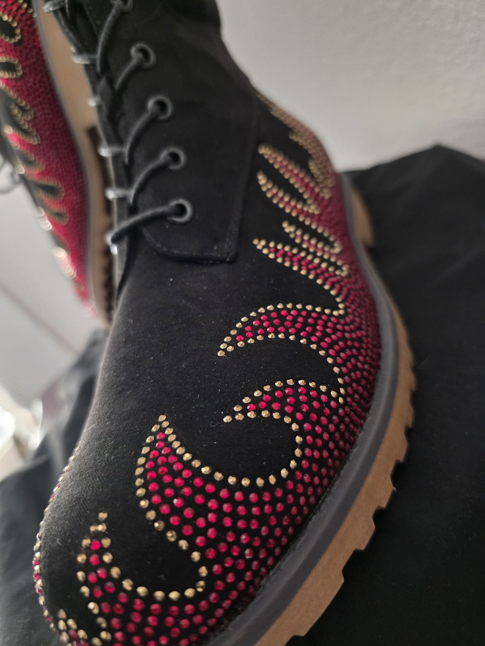 Cape Robbin Black Suede Lace-Up Boots Flaming Hot! Red & Gold Studs